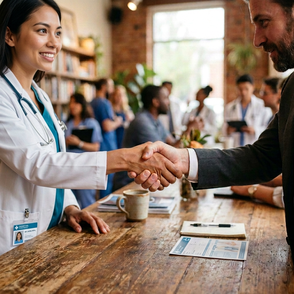 Two professionals shaking hands across a wooden table in a café